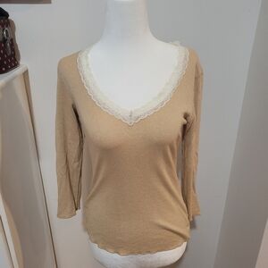 Shameless Tan And White Y2k Feminine Lacey Romantic Sparkly Top | Medium